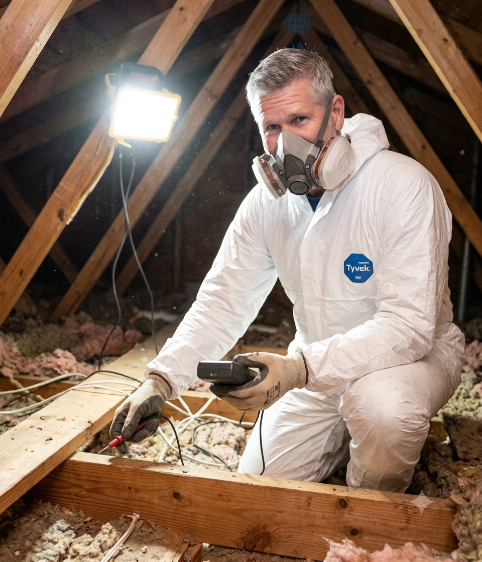 Healthy Home Dallas inspector in protective suit and respirator assessing an attic