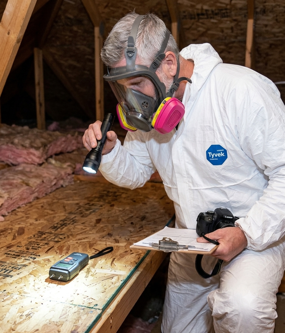 Healthy Home Dallas inspector with full-face respirator and flashlight documenting attic conditions
