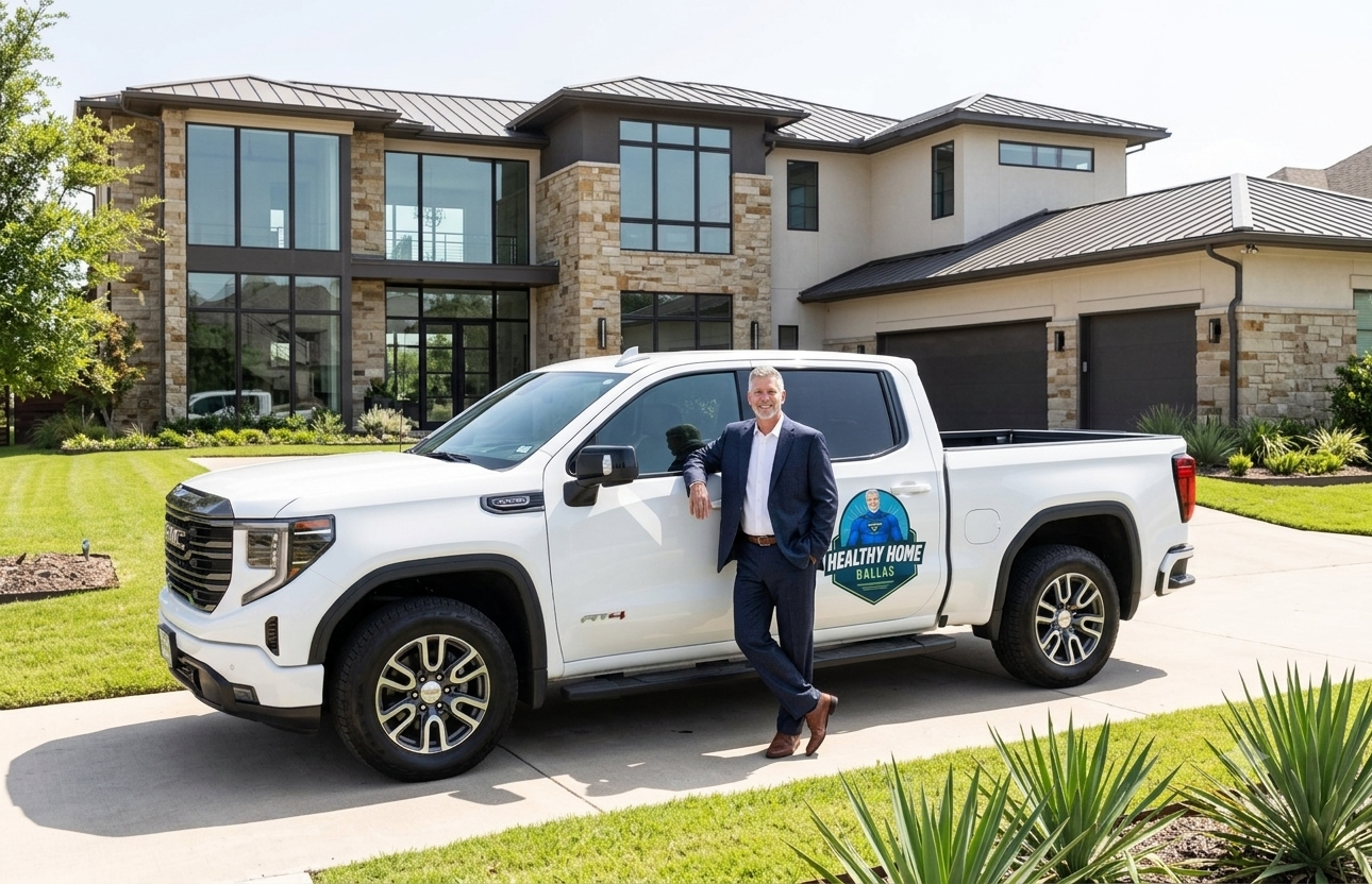 Blair Decker standing in front of a Healthy Home Dallas branded truck