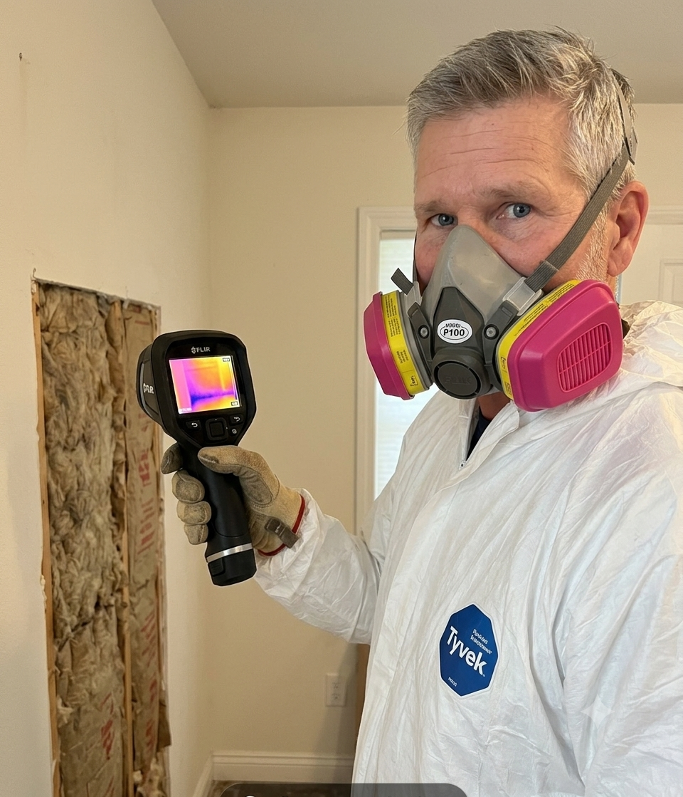 Inspector in PPE using a thermal imaging camera to check a wall